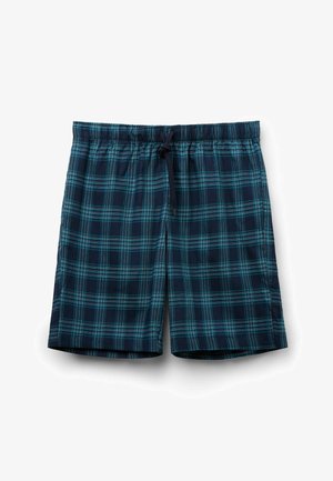 Geruite zwembroek met een donker marineblauwe achtergrond en turquoise en lichtblauwe strepen, voorzien van een elastische tailleband en een trekkoord voor een verstelbare pasvorm.