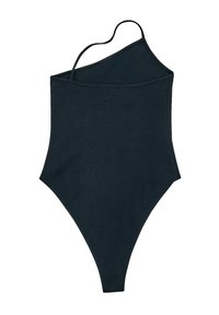 Zwarte badpak met een asymmetrisch ontwerp, voorzien van een enkele band, geribbelde textuur en hoge beenopeningen.