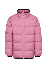 Rosa vadderad jacka med hög krage, dragkedja framtill, elastiska mudd och mönstrad textur, med en svart detalj vid fållen.