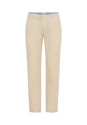 Beige gerade geschnittene Hose mit Knopf- und Reißverschluss, Gürtelschlaufen und einem Blumenmuster-Futter, das am Bund sichtbar ist.