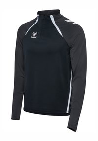 Black long-sleeve athletic pullover with a quarter zip, featuring white accents and a logo on the chest. Smooth, lightweight fabric.