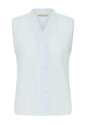 Varrukateta helesinine ja valge vertikaalsete triipudega pluus volangidega V-kaelusega ja ees nööpidega.