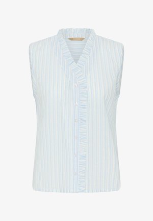 Bluza fără mâneci, cu dungi verticale alb-albastre deschise, cu decolteu în V cu volane și nasturi în față.