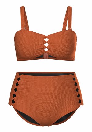 Costume da bagno due pezzi color ruggine con texture, con slip a vita alta e dettagli a forma di diamante ritagliati sul davanti e sui lati.