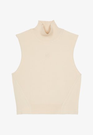 Top senza maniche in tessuto beige chiaro, caratterizzato da un design aderente, colletto a coste e un sottile dettaglio del logo al centro frontale.