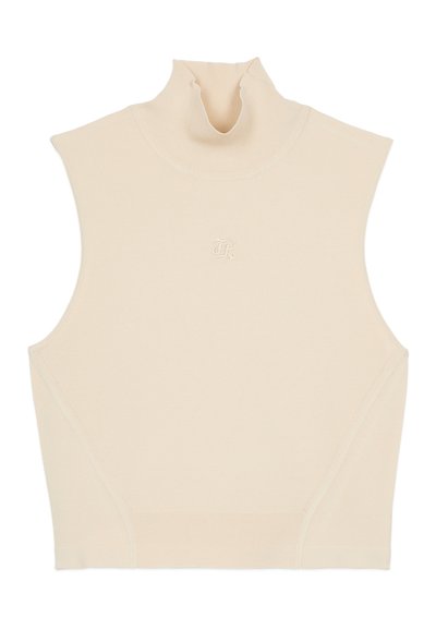 Top senza maniche in tessuto beige chiaro, caratterizzato da un design aderente, colletto a coste e un sottile dettaglio del logo al centro frontale.