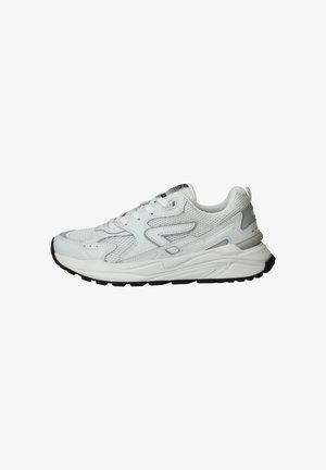 White athletic sneaker with mesh and synthetic overlays, lace-up closure, padded collar, and thick cushioned sole with black tread.