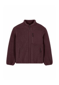 Giacca in pile color marrone scuro con collo alto, chiusura frontale con zip e tre tasche. Presenta tessuto strutturato e maniche con polsini elastici.