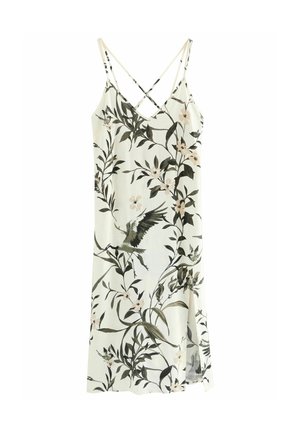 Robe blanche sans manches avec fines bretelles croisées et motif floral et oiseau noir et beige.