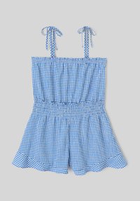 Rompers à carreaux bleu et blanc avec des bretelles fines à nouer, une taille élastique et un ourlet volanté. Fabriqué en tissu léger, idéal pour les temps chauds.