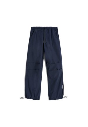 Pantaloni sportivi blu navy con vita elastica, cordino regolabile, tasche laterali e polsini elastici all'orlo. Tessuto liscio.