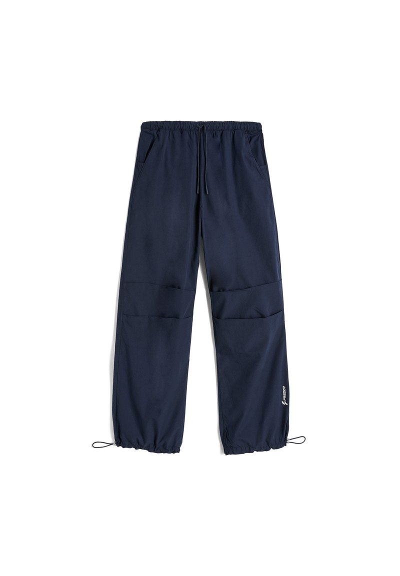Pantaloni sportivi blu navy con vita elastica, cordino regolabile, tasche laterali e polsini elastici all'orlo. Tessuto liscio.