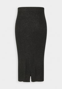 Svart stickad midikjol med en subtil lyster, som har en framåtslits och elastisk midja för komfort. Slät textur, åtsittande design.