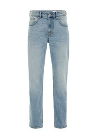 Šviesiai mėlynos džinsinės kelnės su tiesiu pėdkelnių kirpimu, mygtuko ir užtrauktuko užsegimu, penkiais kišenėmis ir minimaliu šviesėjimu audinyje.