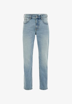 Svijetloplave traperice s ravnim nogavicama, gumbom i patentnim zatvaračem, pet džepova i minimalnim izblijedjenjem po tkanini.