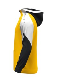 Gelbe Kapuzenjacke mit schwarz-weißen Akzenten, langen Ärmeln, Kapuze und Seitentasche. Mit dekorativen Knöpfen an der Schulter.