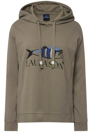 Sudadera con capucha gris que presenta un gráfico de pez en azul, negro y blanco, con cordones y un ajuste relajado. Textura suave y mangas largas.