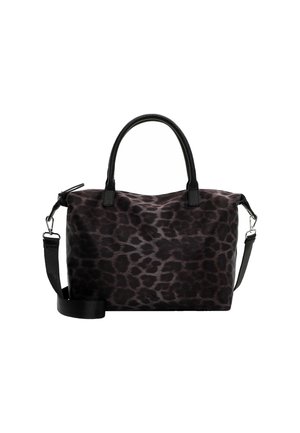 Borsa a tracolla con stampa leopardata nera, realizzata in materiale liscio, con manici corti e una tracolla regolabile. Presenta una chiusura con zip e una forma strutturata.