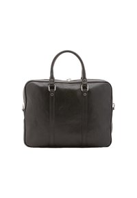 Zwarte leren tas met een rechthoekige vorm, dubbele handvatten, ritssluiting en contrasterende verticale stiksels aan de voorkant.