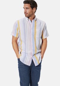Kurzärmliges Hemd mit Knopfleiste und vertikalen Streifen in Pastellfarben: Rosa, Blau und Gelb. Hergestellt aus leichtem, atmungsaktivem Stoff.