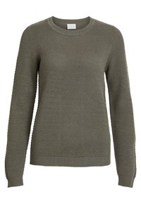 Olivgrön stickad tröja med ett mönster av struktur, rund halsringning och långa ärmar. Har ribbade muddarna och fållen.