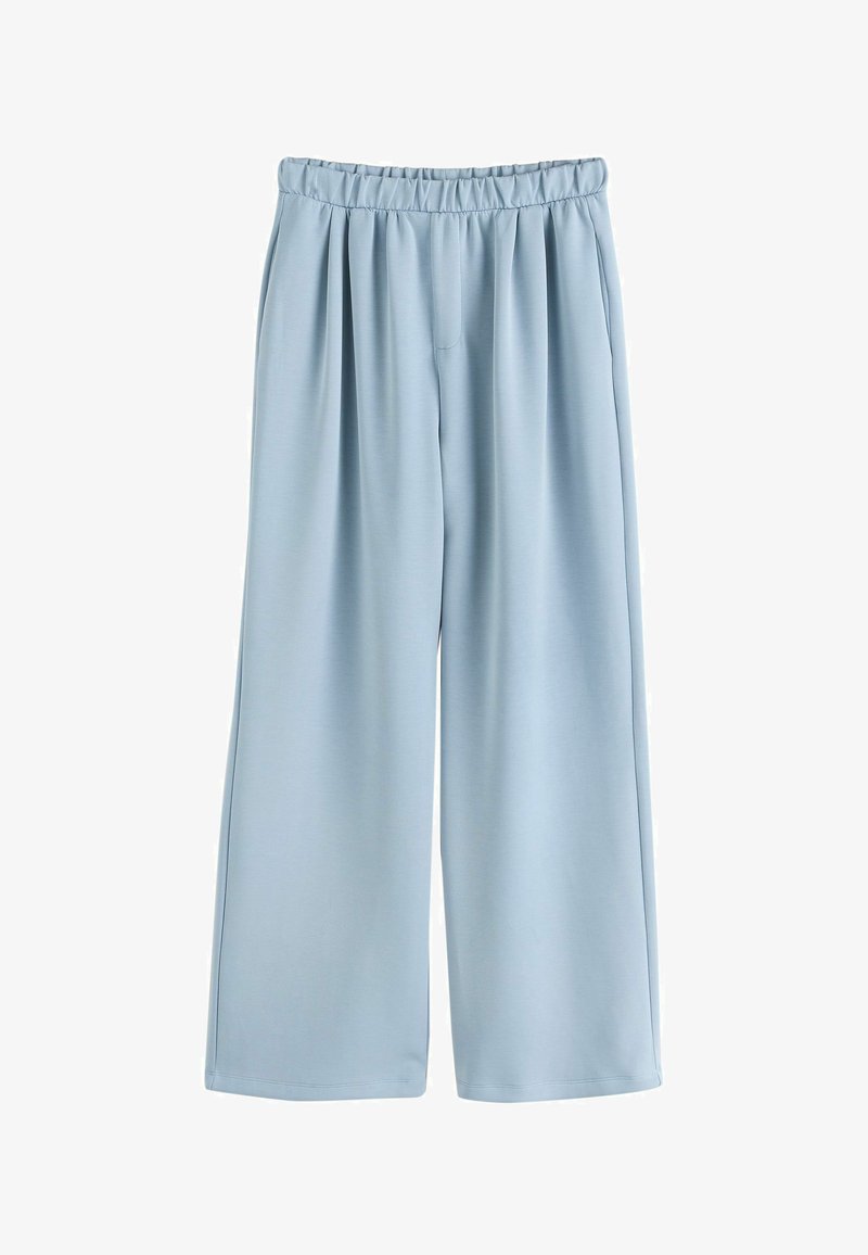 Pantalon large bleu clair avec une taille élastique et des plis sur le devant, fabriqué en tissu lisse.