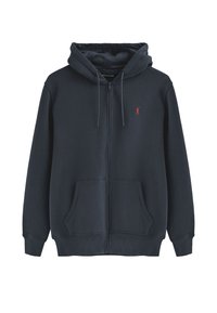 Granatowa bluza z kapturem na zamek, wykonana z mieszanki bawełny, z przednią kieszenią, kapturem ze sznurkiem i małym czerwonym logo na lewej piersi.
