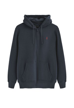 Marineblauwe zip-up hoodie van een katoenmix, met een voorzak, een capuchon met trekkoord en een klein rood logo op de linker borst.