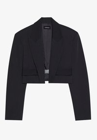 Cropped black blazer with a structured silhouette, wide lapels, single hook closure, and smooth texture. Minimalist design, no patterns.