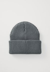 Gray knitted beanie hat with a ribbed design and folded cuff, made from a soft fabric for warmth and comfort.