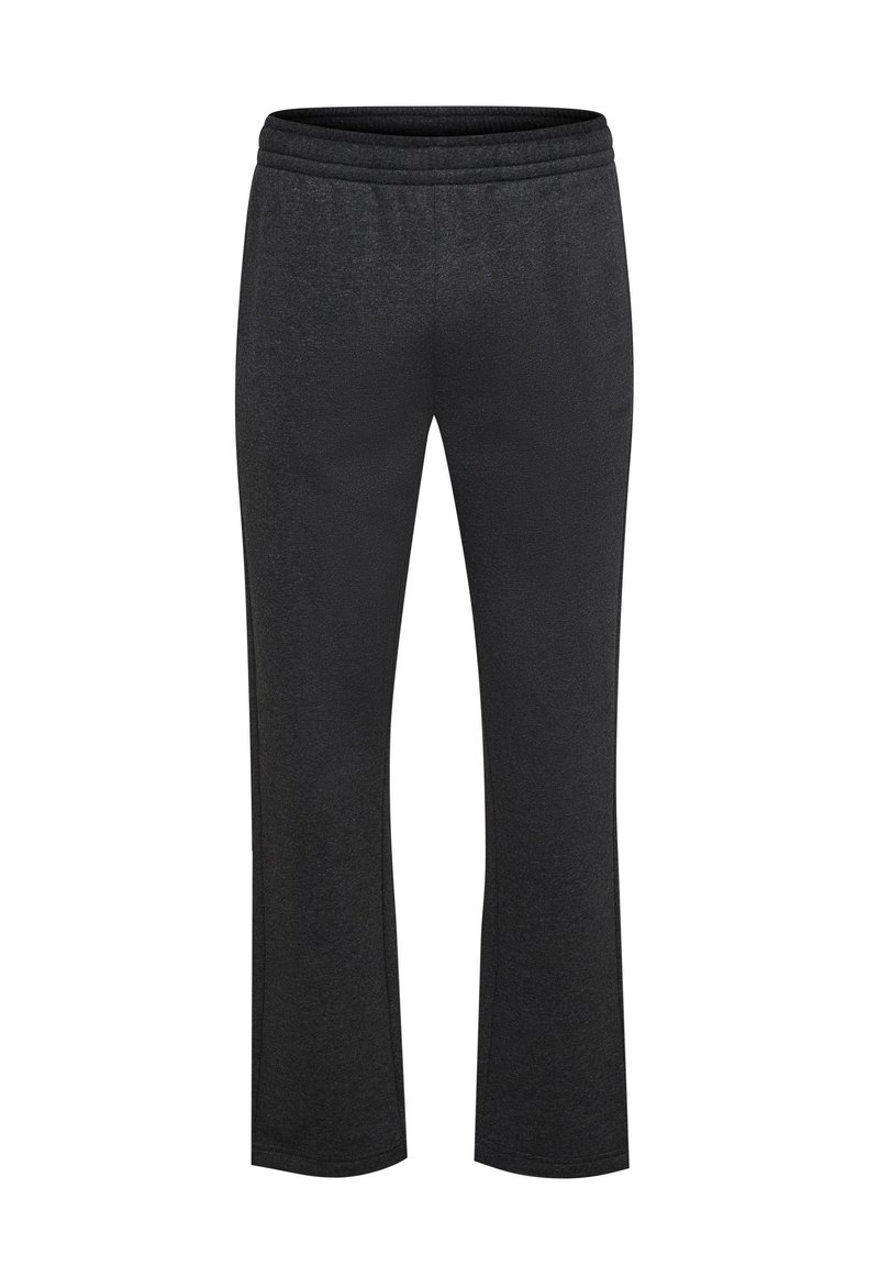 Zwarte sportbroek met een brede pijpenontwerp, elastische tailleband en zachte, textuurstof. Geen zichtbare patronen of hardware.