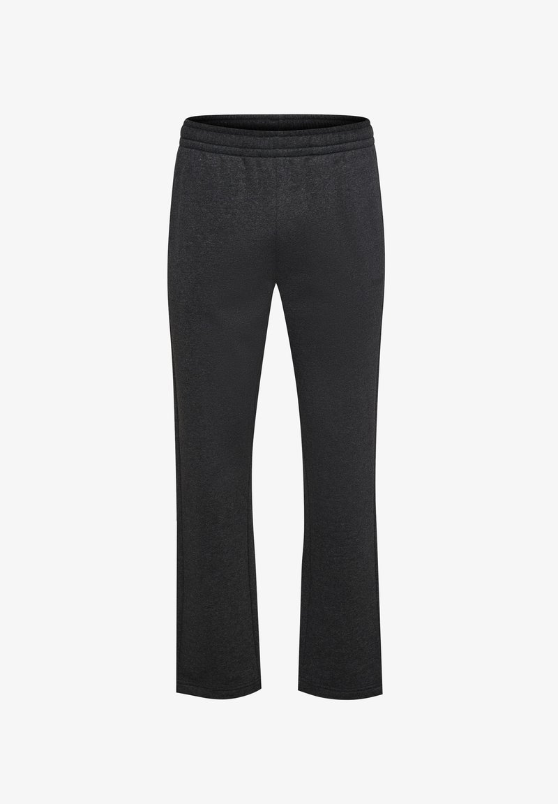 Zwarte sportbroek met een brede pijpenontwerp, elastische tailleband en zachte, textuurstof. Geen zichtbare patronen of hardware.