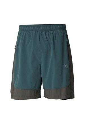 Sportowe spodenki w kolorze morskim i szarym z elastycznym pasem, bocznymi kieszeniami oraz gładką, lekką fakturą. Ozdobione logo z przodu.