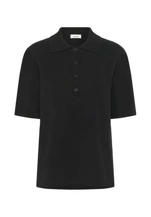 Polo negro de manga corta con cuello, tapeta de seis botones y tela texturizada. Diseño minimalista sin acentos adicionales.