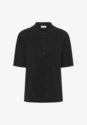 Crni polo majica kratkih rukava s ovratnikom, šest dugmadi i teksturiranim materijalom. Minimalistički dizajn bez dodatnih akcenata.