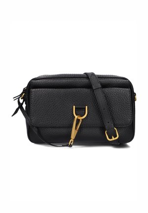 Borsa in pelle nera con finitura testurizzata, hardware dorato, chiusura con zip e tracolla regolabile. Presenta un dettaglio della chiusura distintivo.