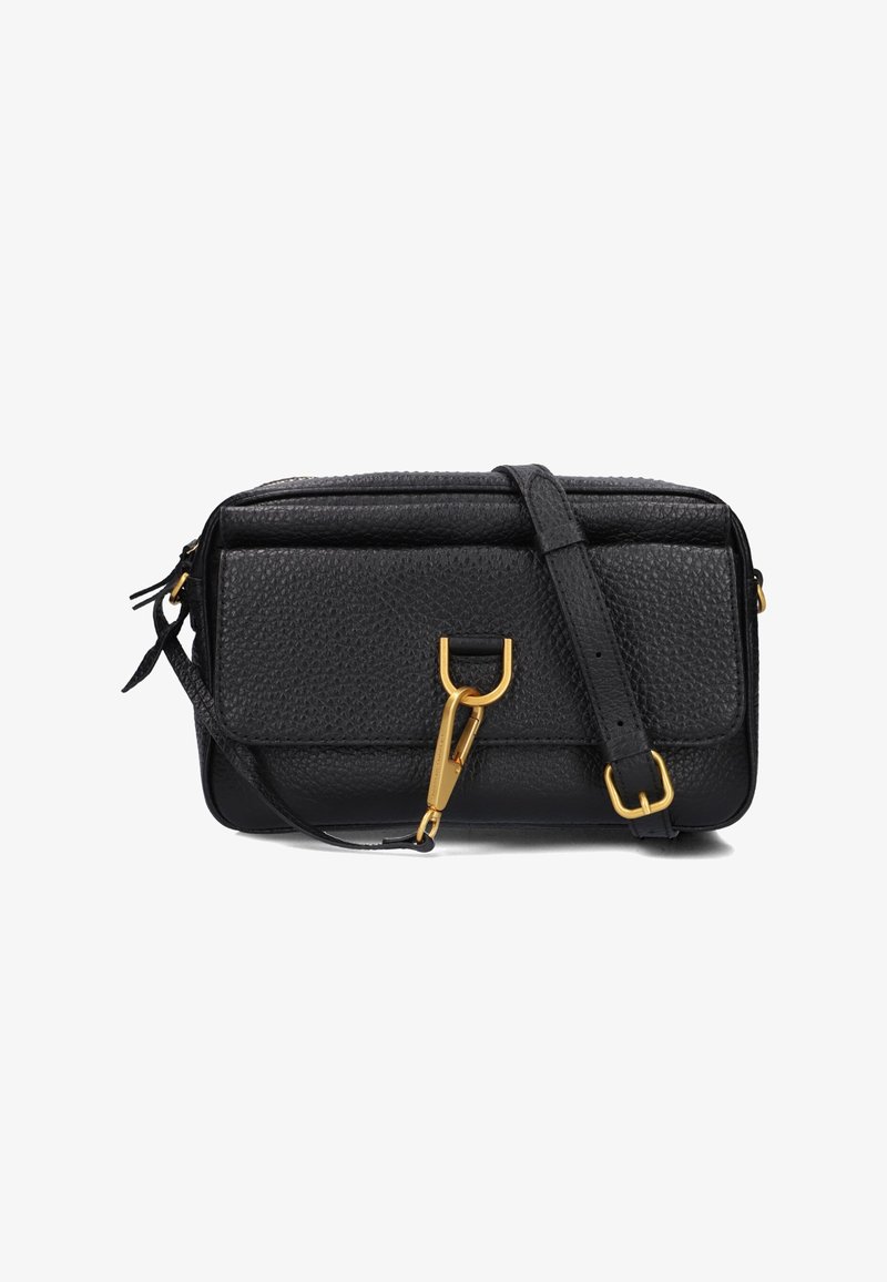 Borsa in pelle nera con finitura testurizzata, hardware dorato, chiusura con zip e tracolla regolabile. Presenta un dettaglio della chiusura distintivo.