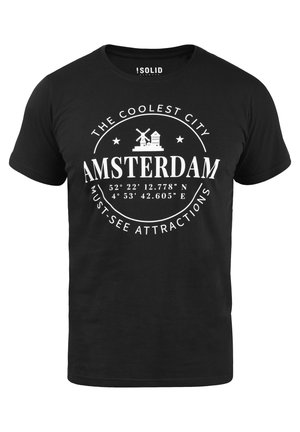 Black cotton t-shirt with white print featuring "Amsterdam," coordinates, and illustrations of a windmill and buildings. Crew neck design.