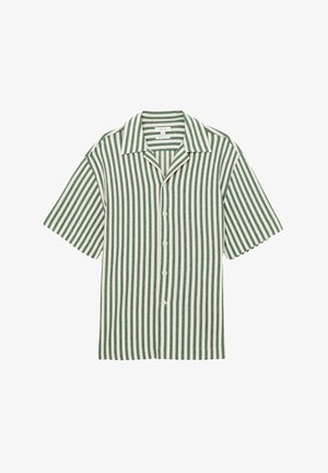 Zöld és krém csíkos rövid ujjú ing, kivágott gallérral és elöl gombokkal, laza szabással és puha textúrával.