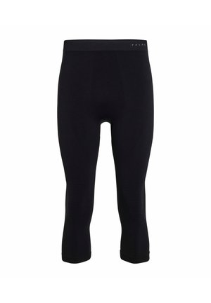 Leggings noirs 3/4 faits en matériau extensible, dotés d'une ceinture lisse avec un détail de logo et de subtils accents texturés sur les jambes.