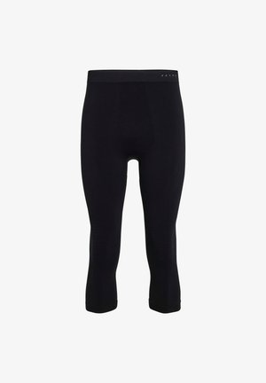 Zwarte leggings tot driekwart lengte gemaakt van rekbaar materiaal, met een gladde tailleband met logodetail en subtiele textuurelementen op de benen.