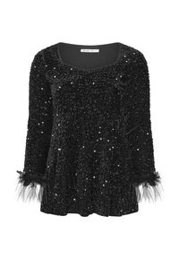 Maglietta nera a maniche lunghe con superficie di paillettes, scollatura a girocollo e dettagli in piuma sui polsini per un tocco di texture in più.