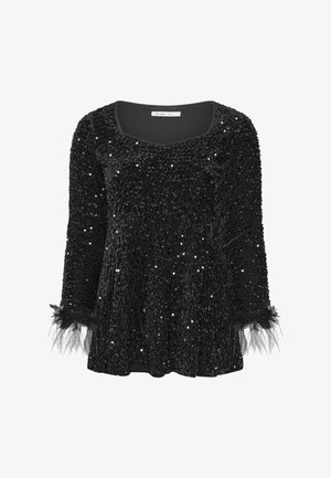 Zwarte lange mouwen top met een paillettenoppervlak, een ronde hals en verenaccenten op de manchetten voor extra textuur.