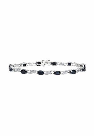 Bracciale in tono argento con gemme blu ovali alternate e link curvi, impreziosito da piccoli cristalli trasparenti, chiusura a gancetto.