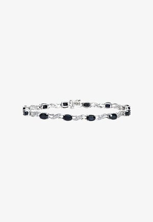 Silver-tone bracelet featuring alternating oval blue gemstones and curved links, embellished with small clear crystals, clasp closure.