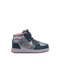 Sneaker alta di colore blu navy e rosa con finitura glitterata, dettagli floreali, cinturino in Velcro e charm a forma di cuore sul lato.