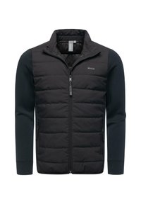 Mustahko toppatakki vetoketjullisella edustalla, kiinteillä neulottuilla hihoilla ja pystykauluksella. Siinä on tikattu pinta ja sivutaskut.