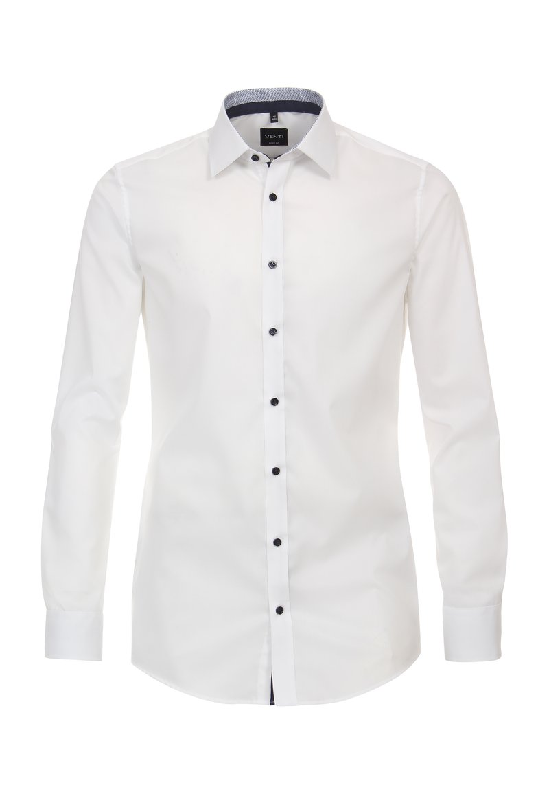 Witte blouse met lange mouwen en een getailleerd ontwerp, donkere knopen als accent en een gemusterde kraagvoering. Gemaakt van glad textielmateriaal.