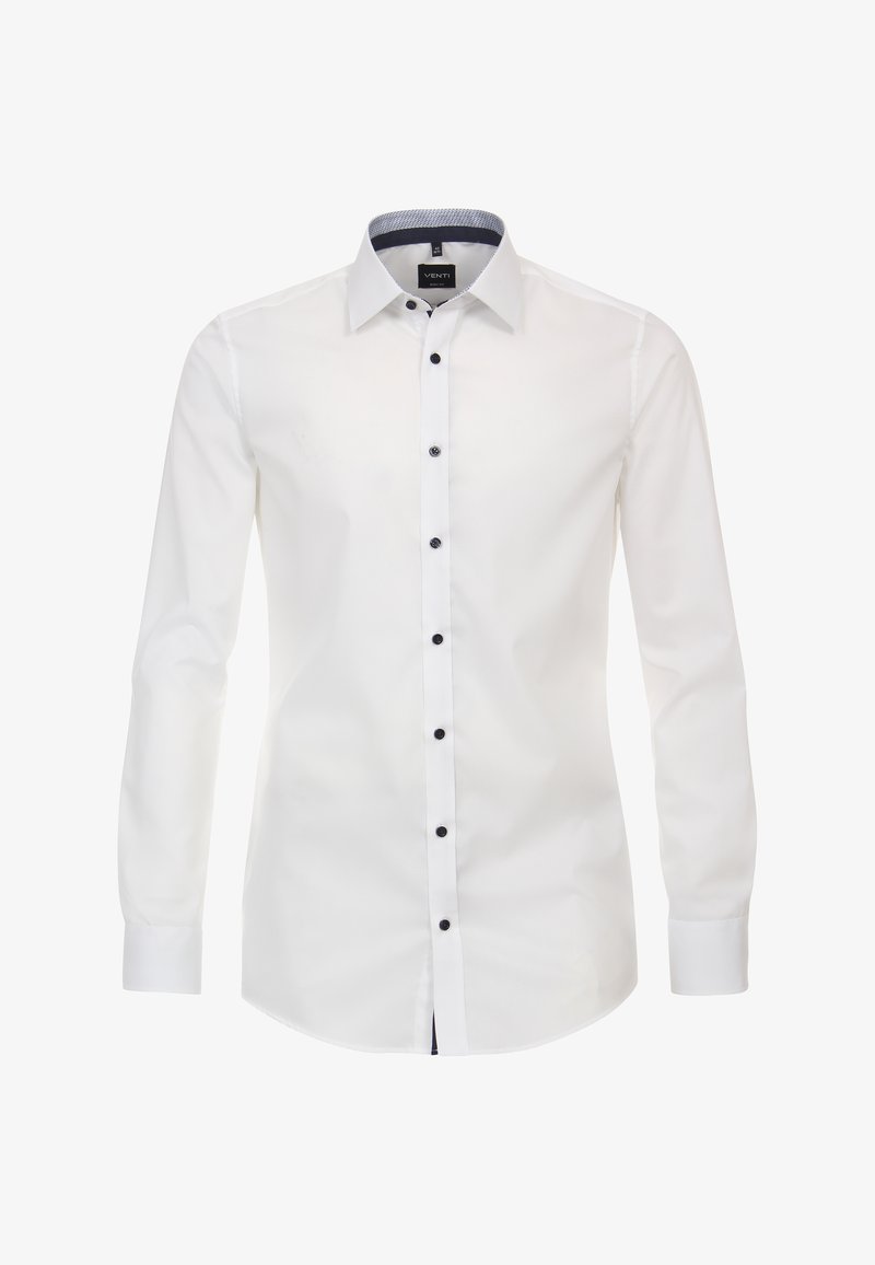 Weißes Langarmhemd mit tailliertem Schnitt, dunklen Knopfakzenten und einem gemusterten Kragenfutter. Aus glattem Textilmaterial gefertigt.