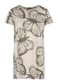 Kurzärmeliges, cremefarbenes Kleid mit großen braunen Schmetterlingsmotiven. Weicher Stoff mit rundem Ausschnitt, lockerer Passform und geradem Saum.